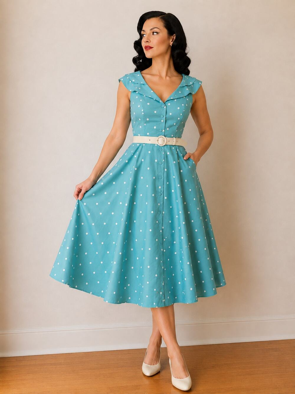 Voodoo Vixen Blue Polka Dot Fit & Flare Midi Dress with Belt NWT Retro- US 8